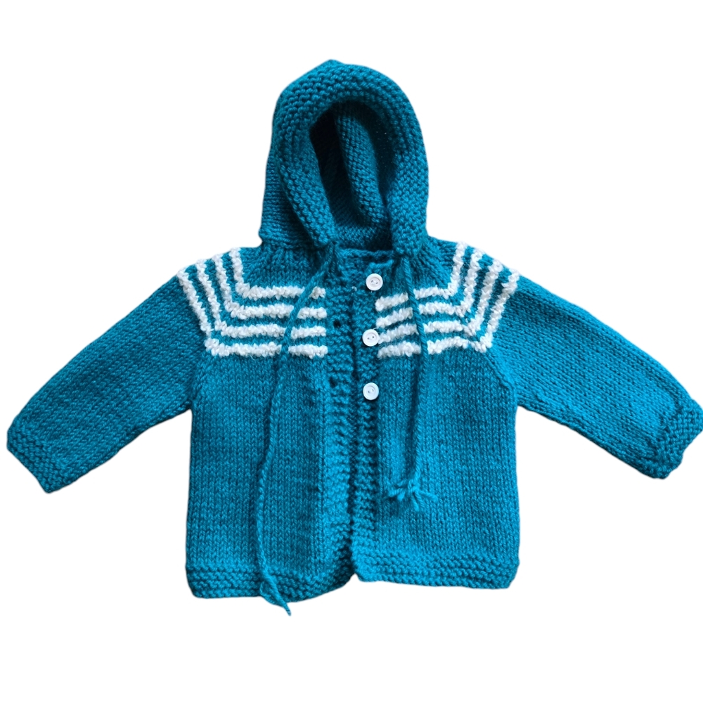 Vintage turquoise and white handknit hooded button-up cardigan sweater